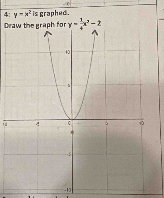 -10
4: y=x^2 is graphed.
D for y= 1/4 x^2-2
10
-10