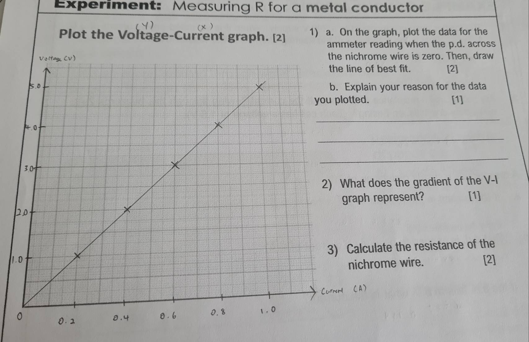 Experiment: Measuring R for a metal conductor 
Plot the Voltage-Current graph. [2] 1) a. On the graph, plot the data for the 
ammeter reading when the p.d. across 
me wire is zero. Then, draw 
best fit. [2] 
your reason for the data 
[1] 
_ 
_ 
_ 
oes the gradient of the V -I 
represent? [1] 
late the resistance of the 
ome wire. 
[2]