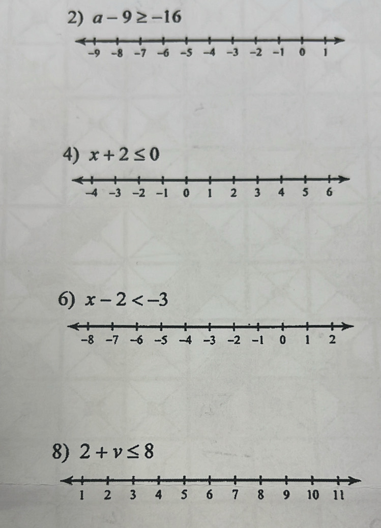 a-9≥ -16
4) x+2≤ 0
6) x-2
8) 2+v≤ 8