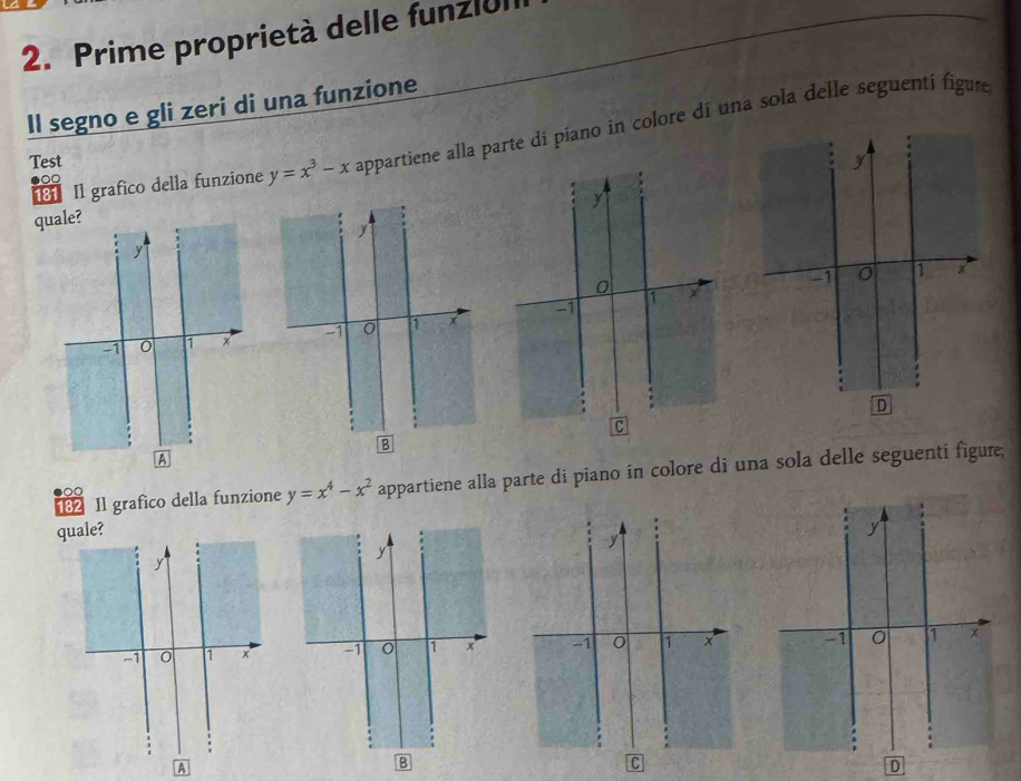 Prime proprietà delle funzlUl
Il segno e gli zeri di una funzione
Il grafico della funzione y=x^3-x appartiene alla parte di piano in colore dí una sola delle seguentí figure
Test

y
quale?
0 X
1
-1
C
182 Il grafico della funzione y=x^4-x^2 appartiene alla parte di piano in colore di una sola delle seguenti figure,
quale?
A
D