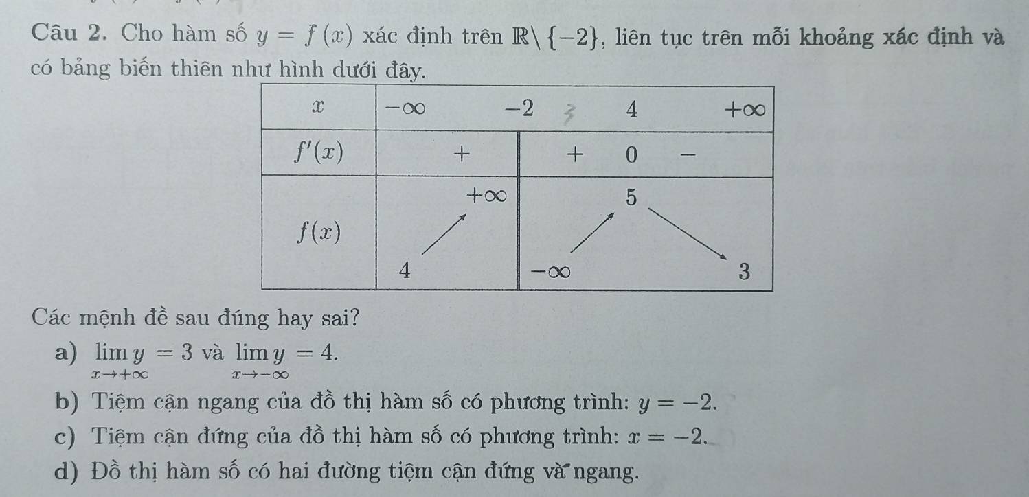 Cho hàm số y=f(x) xác định trên R  -2 , liên tục trên mỗi khoảng xác định và
có bảng biến thiên như hình dưới đây.
Các mệnh đề sau đúng hay sai?
a) limlimits _xto +∈fty y=3valimlimits _xto -∈fty y=4.
b) Tiệm cận ngang của đồ thị hàm số có phương trình: y=-2.
c) Tiệm cận đứng của đồ thị hàm số có phương trình: x=-2.
d) Đồ thị hàm số có hai đường tiệm cận đứng và ngang.