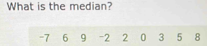 What is the median?
-7 6 9 -2 2 0 3 5 ₹8