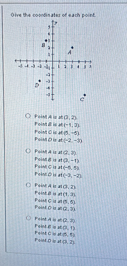 Give the coordinates of each point.
Point A is at (3,2).
Point 8 is at (-1,3).
Point C is at (5,-5).
Point D is at (-2,-3)
Point A is at (2,3).
Point B is at (3,-1)
Point C is at (-5,5). 
Point D is at (-3,-2).
Point A is at (3,2).
Point 8 is at (1,3). 
Point C is at (5,5). 
Point D is at (2,3).
Point A is at (2,3).
PointB is at (3,1).
Point C is at (5,5).
Point D is at (3,2).