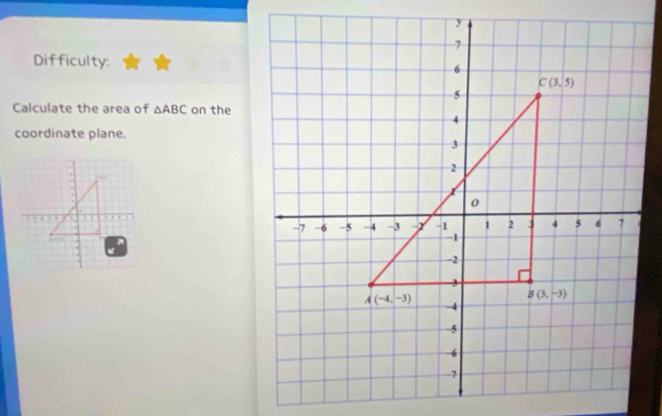 Difficulty:
Calculate the area of △ ABC on the
coordinate plane.