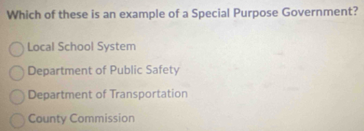 Which of these is an example of a Special Purpose Government?
Local School System
Department of Public Safety
Department of Transportation
County Commission