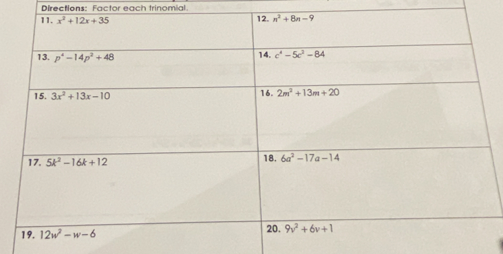 Directions: Factor each trinomial.