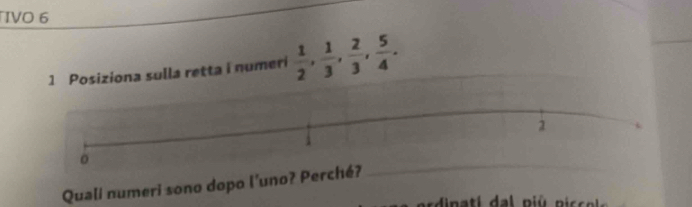 IVO 6 
1 Posiziona sulla retta i numeri  1/2 ,  1/3 ,  2/3 ,  5/4 . 
Quali numeri sono dopo l'uno? Perché? 
_