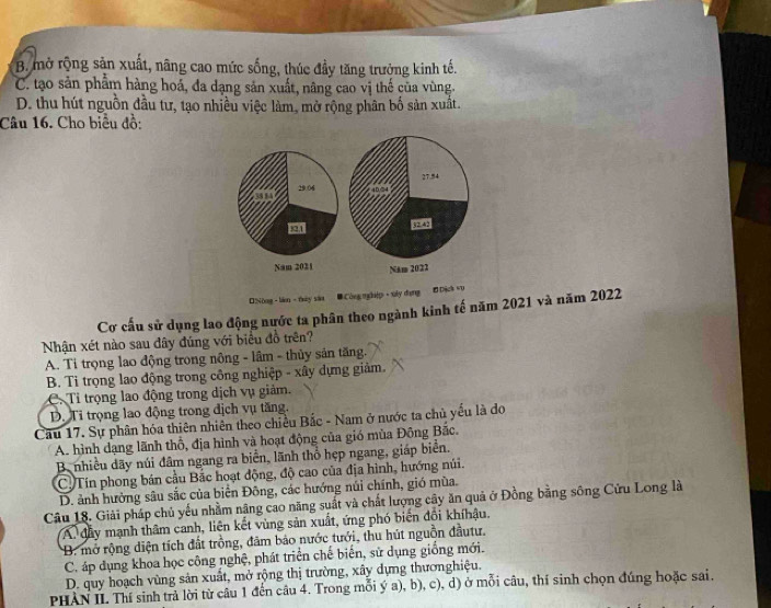 B. mở rộng sản xuất, nâng cao mức sống, thúc đầy tăng trưởng kinh tế.
C. tạo sản phẩm hàng hoá, đa dạng sản xuất, nâng cao vị thế của vùng.
D. thu hút nguồn đầu tư, tạo nhiều việc làm, mở rộng phân bố sản xuất.
Câu 16. Cho biểu đồ:
27.54
29.06  4D②4
Nam 2021 Năm 2022
Nòng lian-tuày sán ● Công nghiệp + xáy dụng Ở Dịch su
Cơ cấu sử dụng lao động nước ta phân theo ngành kinh tế năm 2021 và năm 2022
Nhận xét nào sau dây đúng với biểu đồ trên?
A. Ti trọng lao động trong nông - lâm - thủy sản tăng.
B. Ti trọng lao động trong công nghiệp - xây dựng giảm.
Ti trọng lao động trong dịch vụ giảm.
D. Tỉ trọng lao động trong dịch vụ tăng.
Câu 17. Sự phân hóa thiên nhiên theo chiều Bắc - Nam ở nước ta chủ yếu là do
A. hình dạng lãnh thổ, địa hình và hoạt động của gió mùa Đông Bắc.
B. nhiều dãy núi dâm ngang ra biển, lãnh thổ hẹp ngang, giáp biển.
C. Tín phong bán cầu Bắc hoạt động, độ cao của địa hình, hướng núi.
D. ảnh hưởng sâu sắc của biển Đông, các hướng núi chính, gió mùa.
Câu 18. Giải pháp chủ yếu nhằm năng cao năng suất và chất lượng cây ăn quả ở Đồng bằng sông Cửu Long là
A đây mạnh thâm canh, liên kết vùng sản xuất, ứng phó biến đổi khíhậu.
*B. mở rộng diện tích đất trồng, đâm bảo nước tưới, thu hút nguồn đầutư.
C. áp dụng khoa học công nghệ, phát triển chế biến, sử dụng giống mới.
D. quy hoạch vùng sản xuất, mở rộng thị trường, xây dựng thươnghiệu.
PHAN II. Thí sinh trả lời từ câu 1 đến câu 4. Trong mỗi ý a), b), c), d) ở mỗi câu, thí sinh chọn đúng hoặc sai.