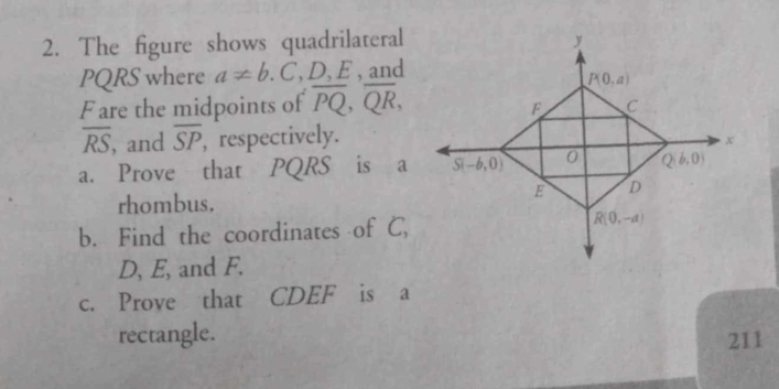 The figure shows quadrilateral
PQRS where a!= b.C,D , E , and
F are the midpoints of overline PQ,overline QR,
overline RS , and overline SP , respectively.
a. Prove that PQRS is a
rhombus.
b. Find the coordinates of C,
D, E, and F.
c. Prove that CDEF is a
rectangle. 211