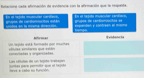 Relacione cada afirmación de evidencia con la afirmación que la respalda. 
En el tejido muscular cardíaco, En el tejido muscular cardíaco, 
grupos de cardiomiocitos están grupos de cardiomiocitos se 
unidos en la misma dirección. expanden y contraen al mismo 
tiempo. 
Afirmar Evidencia 
Un tejido está formado por muchas 
células similares que están 
conectadas y organizadas. 
Las células de un tejido trabajan 
juntas para permitir que el tejido 
lleve a cabo su función.