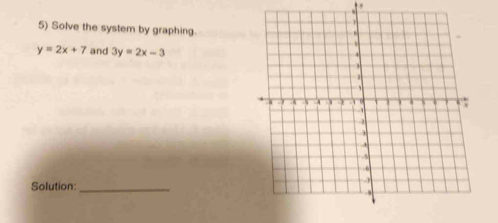 Solve the system by graphing.
y=2x+7 and 3y=2x-3
Solution:_