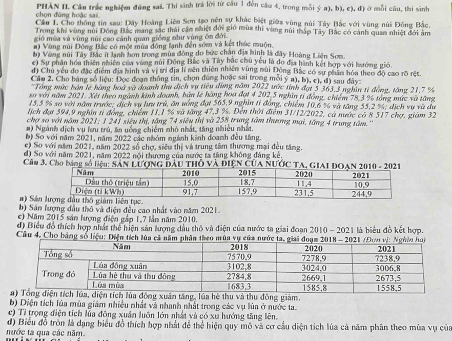 PHÀN II. Câu trắc nghiệm đúng sai. Thí sinh trả lời từ câu 1 đến câu 4. trong mỗi ý a), b), c), d) ở mỗi câu, thi sinh
chọn đúng hoặc sai.
Câu L Cho thông tin sau: Dãy Hoàng Liên Sơn tạo nên sự khác biệt giữa vùng núi Tây Bắc với vùng núi Đông Bắc.
Trong khi vùng núi Đông Bắc mang sắc thái cận nhiệt đới gió mùa thi vùng núi thập Tây Bắc có canh quan nhiệt đới âm
gió mùa và vùng núi cao cảnh quan giống như vùng ôn đới.
a) Vùng núi Đông Bắc có một mùa đông lạnh đến sớm và kết thúc muộn.
b) Vùng núi Tây Bắc ít lạnh hơn trong mùa đông do bức chăn địa hình là dãy Hoàng Liên Sơn.
c) Sự phân hóa thiên nhiên của vùng núi Đông Bắc và Tây bắc chú yếu là do địa hình kết hợp với hướng gió.
d) Chú yêu do đặc điểm địa hình và vị trí địa lí nên thiên nhiên vùng núi Đông Bắc có sự phân hóa theo độ cao rõ rệt.
Câu 2. Cho bảng số liệu: Đọc đoạn thông tin, chọn đúng hoặc sai trong mỗi ý a), b), c), d) sau đây:
“Tổng mức bán le hàng hoá và doanh thu dịch vụ tiêu dùng năm 2022 ước tính đạt 5 363,3 nghìn tỉ đồng, tăng 21,7 %
so với năm 2021. Xét theo ngành kinh doanh, bán lẻ hàng hoa đạt 4 202,5 nghìn tỉ đồng, chiêm 78,3 % tổng mức và tăng
15,5 % so với năm trước; dịch vụ lưu trú, ăn uớng đạt 565,9 nghìn tỉ đồng, chiếm 10,6 % và tăng 55,2 %; dịch vụ và du
lịch đạt 594,9 nghìn tỉ đồng, chiếm 11,1 % và tăng 47,3 %. Đến thời điểm 31/12/2022, cá nước có 8 517 chợ, giám 32
chợ so với năm 2021; 1 241 siệu thị, tặng 74 siêu thị và 258 trung tâm thương mại, tăng 4 trung tâm.''
a) Ngành dịch vụ lưu trú, ăn uống chiếm nhỏ nhất, tăng nhiều nhất.
b) So với năm 2021, năm 2022 các nhóm ngành kinh doanh đều tăng.
c) So với năm 2021, năm 2022 số chợ, siêu thị và trung tâm thương mại đều tăng.
d) So với năm 2021, năm 2022 nội thương của nước ta tăng không đáng kể.
Câu 3. Cho bảng số liệu: Sân Lượng đầu thổ và ĐIệN CủA NƯỚc 
a) Sản
b) Sản lượng dầu thô và điện đều cao nhất vào năm 2021.
c) Năm 2015 sản lượng điện gấp 1,7 lần năm 2010.
d) Biểu đồ thích hợp nhất thể hiện sản lượng dầu thô và điện của nước ta giai đoạn 2010 - 2021 là biểu đồ kết hợp.
Câu 4. Cho bảng số liệu: Diện tíc
ân tăng, lúa hè thu và thu đông giảm.
b) Diện tích lúa mùa giảm nhiều nhất và nhanh nhất trong các vụ lúa ở nước ta.
c) Tỉ trọng diện tích lúa đông xuân luôn lớn nhất và có xu hướng tăng lên.
d) Biểu đồ tròn là dạng biểu đồ thích hợp nhất để thể hiện quy mô và cơ cấu diện tích lúa cả năm phân theo mùa vụ của
nước ta qua các năm.