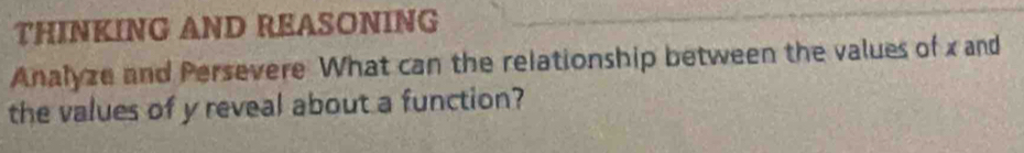 THINKING AND REASONING 
Analyze and Persevere What can the relationship between the values of x and 
the values of y reveal about a function?