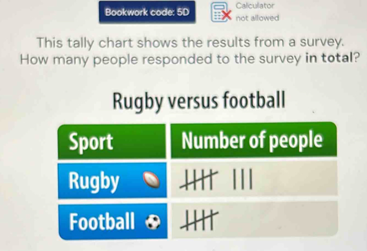 Calculator 
Bookwork code: 5D not allowed 
This tally chart shows the results from a survey. 
How many people responded to the survey in total? 
Rugby versus football