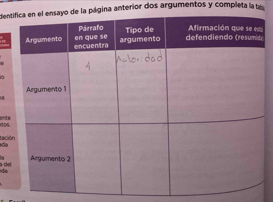 denpágina anterior dos argumentos y completa la taba 
5 
ITURA 5 DE) 
e 
a 
ente 
tos 
taci 
ada 
la 
a de 
da