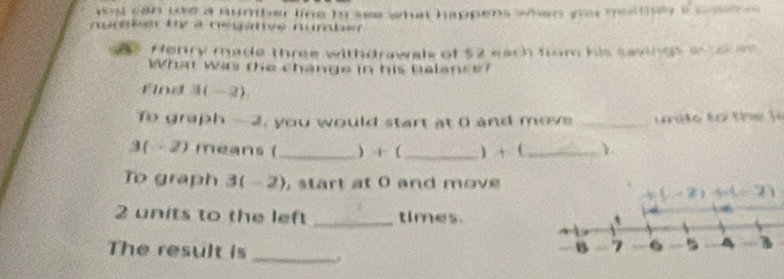 wost can the a number line to see what happens when you meatul . 80° E    
nurler by a regative nurber 
= Henry made three withdrawal of $2 each from his savings o to  =
What wars the change in his balanss?
find 3(-2)
To graph - 2, you would start at 0 and move _ ri t o  to   the  l 
3( - 2) means (_ ) + ( _) + (_
To graph 3(-2) , start at 0 and move
2 units to the left _times.
The result is _