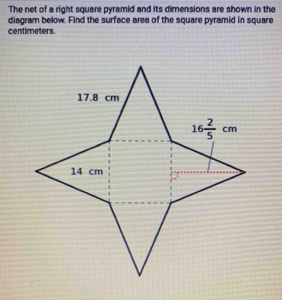 The net of a right square pyramid and its dimensions are shown in the
diagram below. Find the surface area of the square pyramid in square
centimeters.