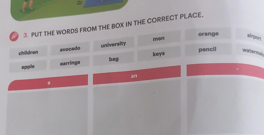 a 3. PUT THE WORDS FROM THE BOX IN THE CORRECT PLACE. 
men orange airport 
children avocado university 
apple earrings bag keys 
pencil watermelc 
an 
a