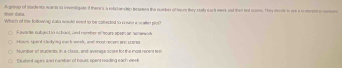 A group of students wants to investigate if there's a relationship between the number of hours they study each week and their test scores. They decide to use a scatterplot to represent
their data
Which of the following data would need to be collected to create a scatter plot?
Favorite subject in school, and number of hours spent on homework
Hours spent studying each week, and most recent test scores
Number of students in a class, and average score for the most recent test
Student ages and number of hours spent reading each week