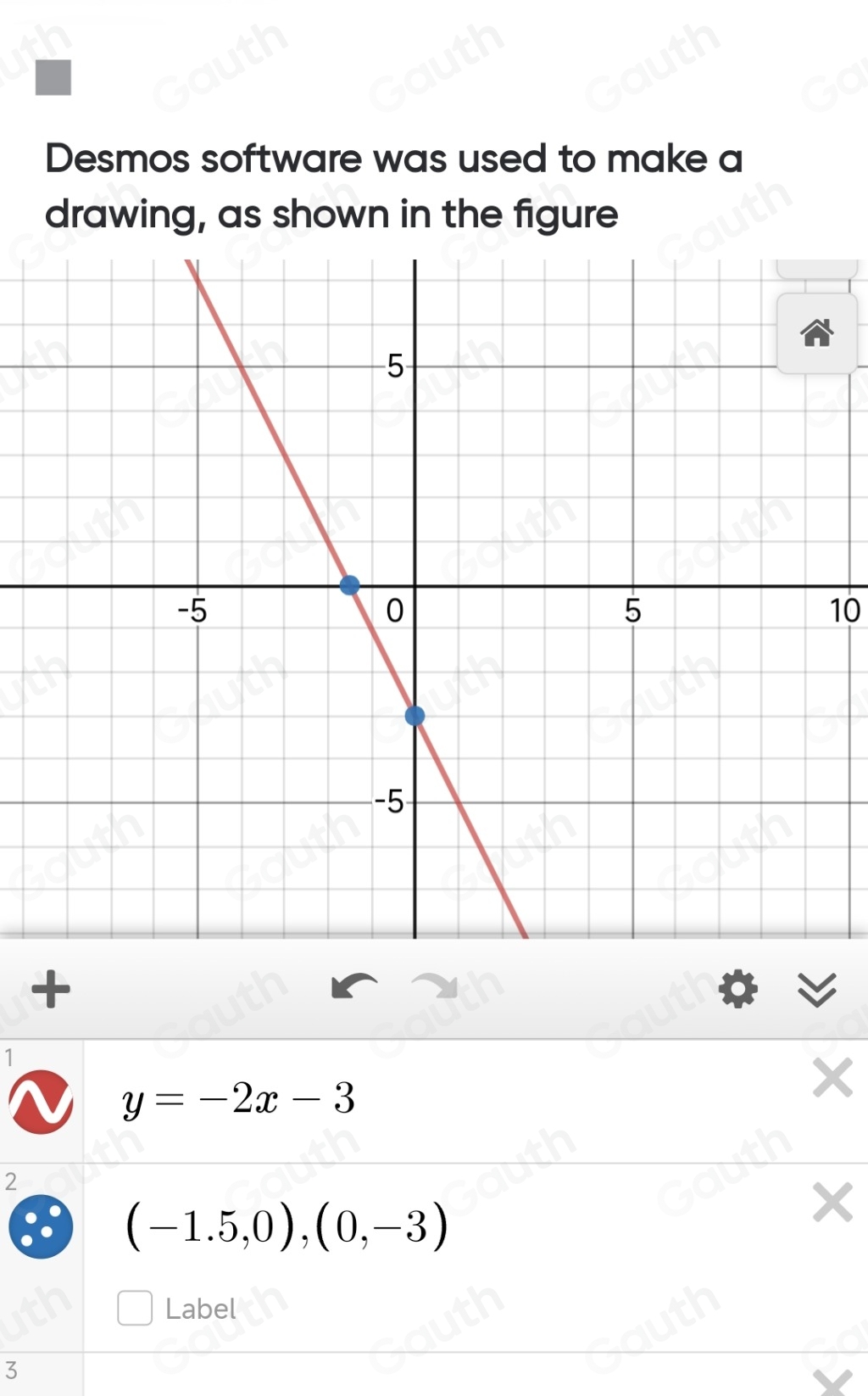 Desmos software was used to make a 
drawing, as shown in the figure 
10 
+ 
1
y=-2x-3
2
(-1.5,0),(0,-3)
Label
3