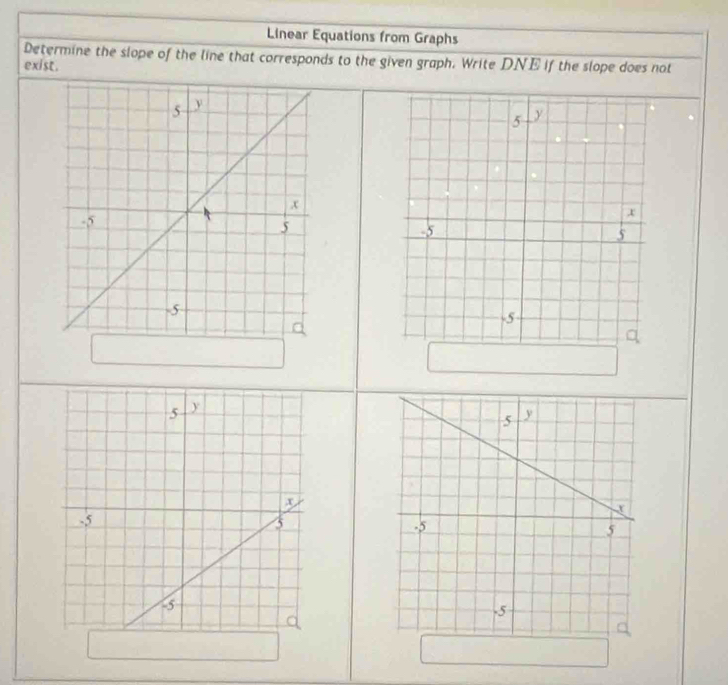 Linear Equations from Graphs 
Determine the slope of the line that corresponds to the given graph. Write DNE if the slope does not 
exist.