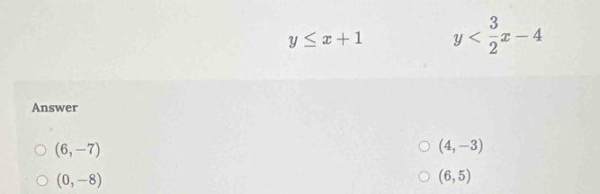 y≤ x+1 y
Answer
(6,-7)
(4,-3)
(0,-8)
(6,5)