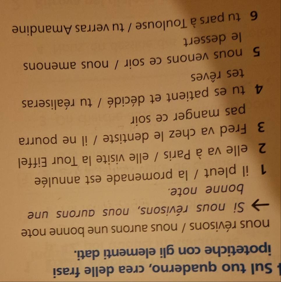 Sul tuo quaderno, crea delle frasi 
ipotetiche con gli elementi dati. 
nous révisons / nous aurons une bonne note 
Si nous révisons, nous aurons une 
bonne note. 
1 il pleut / la promenade est annulée 
2 elle va à Paris / elle visite la Tour Eiffel 
3 Fred va chez le dentiste / il ne pourra 
pas manger ce soir 
4 tu es patient et décidé / tu réaliseras 
tes rêves 
5 nous venons ce soir / nous amenons 
le dessert 
6 tu pars à Toulouse / tu verras Amandine