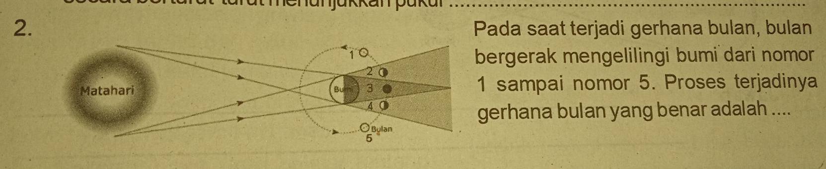 Chanjakkan pakan_ 
2. Pada saat terjadi gerhana bulan, bulan 
ergerak mengelilingi bumi dari nomor 
sampai nomor 5. Proses terjadinya 
erhana bulan yang benar adalah ....