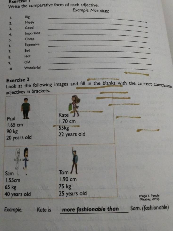 Exercise 
Write the comparative form of each adjective. 
Example: Nice nicer 
1. Big_ 
2. Happy_ 
3. Good_ 
4. Important_ 
5. Cheap_ 
6. Expensive_ 
1. Bad_ 
8. Hot_ 
9. Old_ 
10. Wonderful_ 
Exercise 2 
Look at the following images and fill in the blanks with the correct comparative 
S 
1 
6 
4 
Image 1. People 
(Pixabay, 2019). 
Example: Kate is more fashionable than Sam. (fashionable)