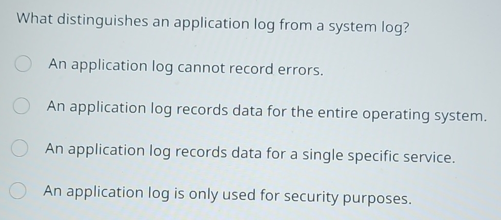Solved: What distinguishes an application log from a system log? An ...