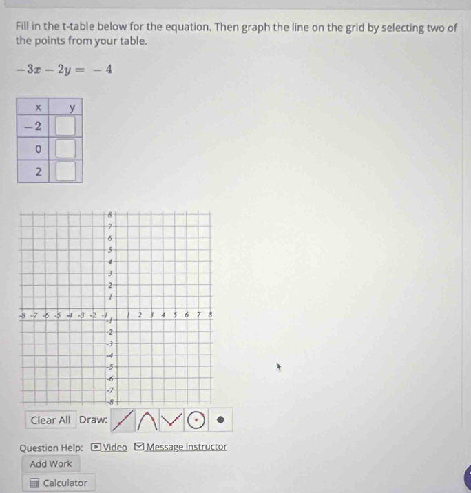 Fill in the t -table below for the equation. Then graph the line on the grid by selecting two of 
the points from your table.
-3x-2y=-4
Clear All Draw: 
Question Help: Video [ Message instructor 
Add Work 
Calculator