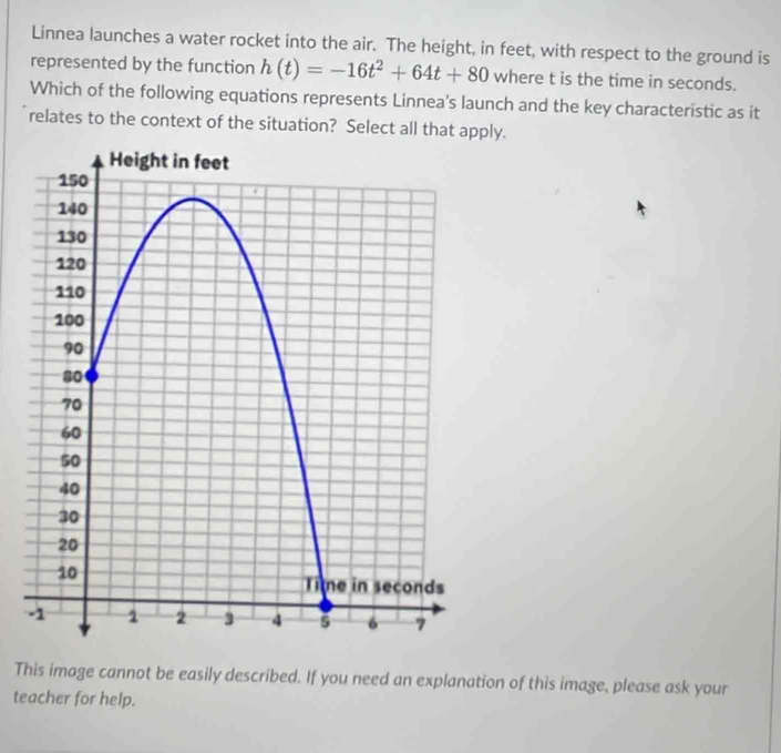 Linnea launches a water rocket into the air. The height, in feet, with respect to the ground is 
represented by the function h(t)=-16t^2+64t+80 where t is the time in seconds. 
Which of the following equations represents Linnea's launch and the key characteristic as it 
relates to the context of the situation? Select all that apply. 
This image cannot be easily described. If you need an explanation of this image, please ask your 
teacher for help.