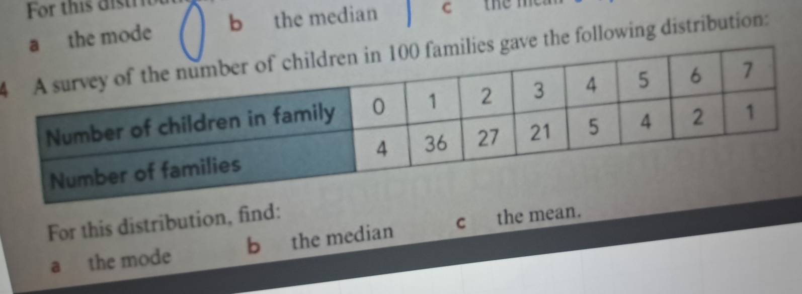 For this distr 
b the median C 
the mode 
4ave the following distribution: 
For this distribution, find: 
c the mean. 
a the mode b the median