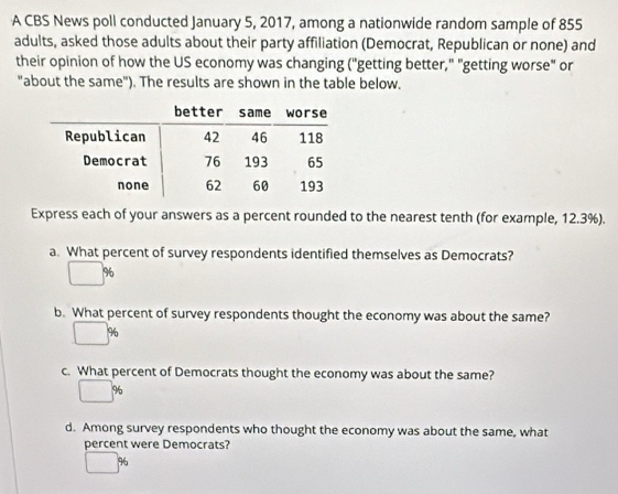 A CBS News poll conducted January 5, 2017, among a nationwide random sample of 855
adults, asked those adults about their party affiliation (Democrat, Republican or none) and 
their opinion of how the US economy was changing ("getting better," "getting worse" or 
"about the same"). The results are shown in the table below. 
Express each of your answers as a percent rounded to the nearest tenth (for example, 12.3%). 
a. What percent of survey respondents identified themselves as Democrats?
%
b. What percent of survey respondents thought the economy was about the same?
%
c. What percent of Democrats thought the economy was about the same?
%
d. Among survey respondents who thought the economy was about the same, what 
percent were Democrats?
%