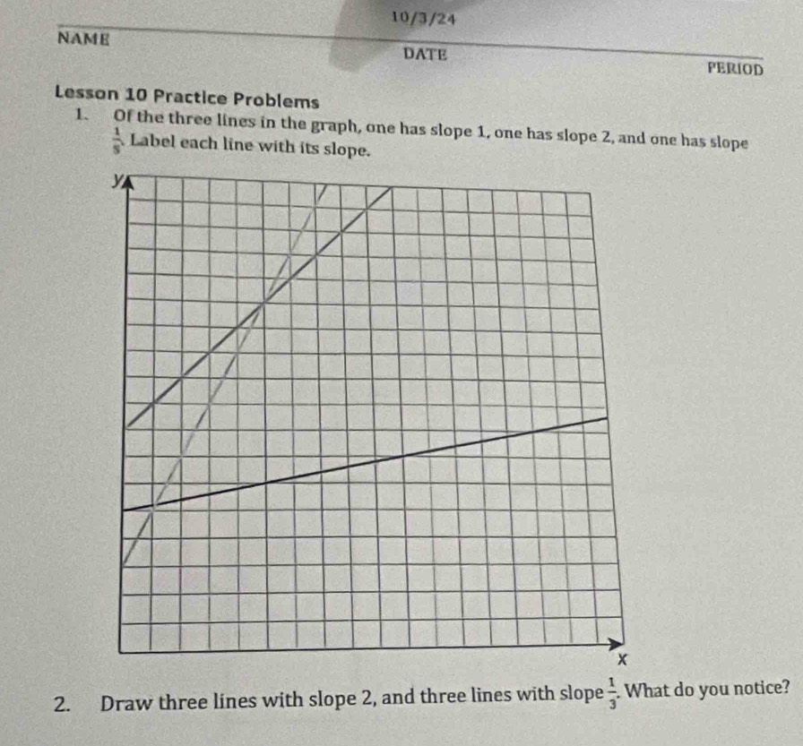 10/3/24 
NAME DATE 
PERIOD 
Lesson 10 Practice Problems 
1. Of the three lines in the graph, one has slope 1, one has slope 2, and one has slope
 1/5 . Label each line with its slope. 
2. Draw three lines with slope 2, and three lines with slope  1/3 . What do you notice?