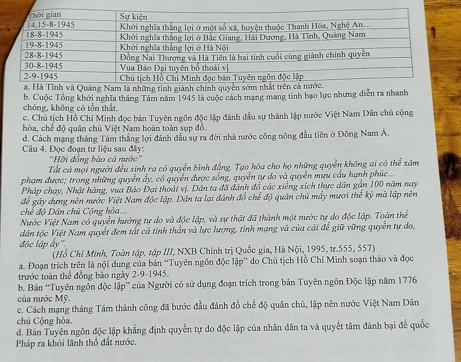 b. Cuộc Tổng khởi nghĩa tháng Tám năm 1945 là cuộc cách mạng mang tính bạo lực nhưng diễn ra nhanh
chóng, không có tồn thất.
c. Chủ tịch Hồ Chí Minh đọc bản Tuyên ngôn độc lập đánh dấu sự thành lập nước Việt Nam Dân chủ cộng
hòa, chế độ quân chủ Việt Nam hoàn toàn sụp đồ.
d. Cách mạng tháng Tám thắng lợi đánh dầu sự ra đời nhà nước công nông đầu tiên ở Đông Nam Á.
Câu 4. Đọc đoạn tư liệu sau đây:
“Hỡi đồng bào cả nước”
Tất cả mọi người đều sinh ra có quyền bình đẳng. Tạo hóa cho họ những quyền không ai có thể xâm
phạm được; trong những quyền ấy, có quyền được sống, quyền tự do và quyền mưu cầu hạnh phúc ...
Pháp chạy, Nhật hàng, vua Bảo Đại thoái vị. Dân ta đã đánh đổ các xiềng xích thực dân gần 100 năm nay
để gây dựng nên nước Việt Nam độc lập. Dân ta lại đánh đổ chế độ quân chủ mấy mươi thế kỷ mà lập nên
chế độ Dân chủ Cộng hòa...
Nước Việt Nam có quyền hưởng tự do và độc lập, và sự thật đã thành một nước tự do độc lập. Toàn thể
dân tộc Việt Nam quyết đem tất cả tinh thần và lực lượng, tính mạng và của cải để giữ vững quyền tự do,
độc lập ấy''.
(Hồ Chí Minh, Toàn tập, tập III, NXB Chính trị Quốc gia, Hà Nội, 1995, tr.555, 557)
a. Đoạn trích trên là nội dung của bản “Tuyên ngôn độc lập” do Chủ tịch Hồ Chí Minh soạn thảo và đọc
trước toàn thể đồng bào ngày 2-9-1945.
b. Bản “Tuyên ngôn độc lập” của Người có sử dụng đoạn trích trong bản Tuyên ngôn Độc lập năm 1776
của nước Mỹ.
c. Cách mạng tháng Tám thành công đã bước đầu đánh đổ chế độ quân chủ, lập nên nước Việt Nam Dân
chủ Cộng hòa.
d. Bản Tuyên ngôn độc lập khẳng định quyền tự do độc lập của nhân dân ta và quyết tâm đánh bại đế quốc
Pháp ra khỏi lãnh thổ đất nước.