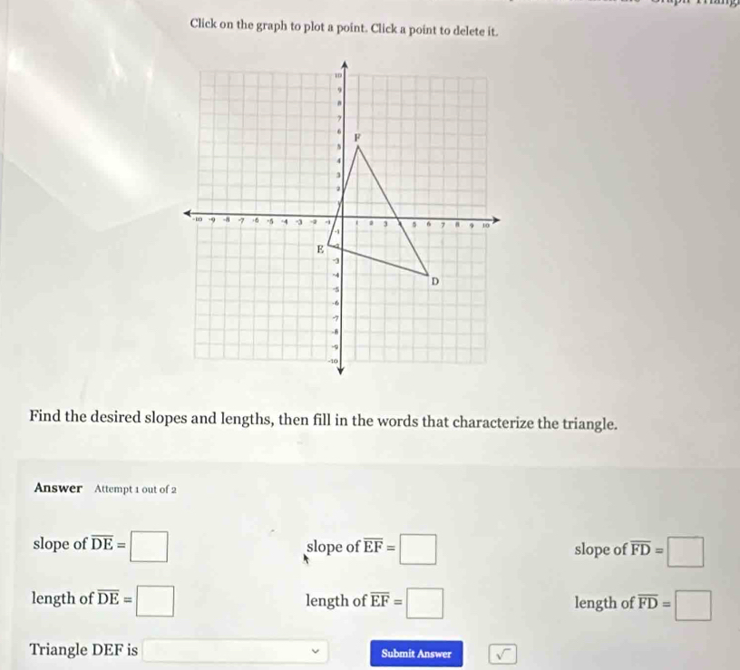 Click on the graph to plot a point. Click a point to delete it.
Find the desired slopes and lengths, then fill in the words that characterize the triangle.
Answer Attempt 1 out of 2
slope of overline DE=□ slope of overline EF=□ slope of overline FD=□
length of overline DE=□ length of overline EF=□ length of overline FD=□
Triangle DEF is □ Submit Answer sqrt()