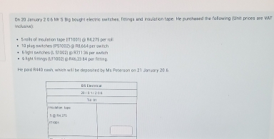 Unclu s ive) On 20 January 2 0 6 Mr S Big bought electric switches, filings and insulation tape. He purchesed the following (Unit prices are VAT 
5 mils of insulation tape IIT1001) S R4,275 per rol 
10 pleg switches (PS1002) @ RB. 654 ger switch 
6 1ight switches (L S1002) go R711 35 per awitch 
à light fittings (UF1002) & R46,23 84 per fittlng 
He paid R440 cash, whic will be degosited by Ms Pelerson om 21 Janvary 20.6.