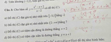 d) Trên khoảng (-1;2) Kiệu gia tị lon 
Câu 3: Cho hàm số y= (x^2-x+2)/x-2  có đồ thị (C).
a) Đồ thị (C) đạt giá trị nhỏ nhất trên [-5;1] bàng -2
b) Đồ thị (C) đạt giá trị nhỏ nhất trên (2:+∈fty ) bàng 7
c) Đồ thị (C) có tiệm cận đứng là đường thẳng x=2
d) Đồ thị (C) có tiệm cận xiên là đường thắng y=x+1
axto ax^3+bx^2+cx+d(a!= 0) có đồ thị như hình bên: