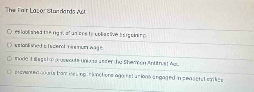 The Fair Labor Standards Act
established the right of unions to collective bargaining.
established a federal minimum wage.
made it illegal to prosecute unions under the Sherman Antitrust Act.
prevented courts from issuing injunctions against unions engaged in peaceful strikes.