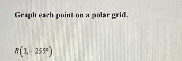 Graph each point on a polar grid.
R(3,-255°)