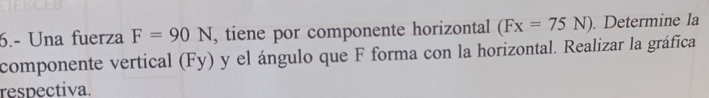 6.- Una fuerza F=90N , tiene por componente horizontal (Fx=75N). Determine la 
componente vertical (Fy) y el ángulo que F forma con la horizontal. Realizar la gráfica 
respectiva.