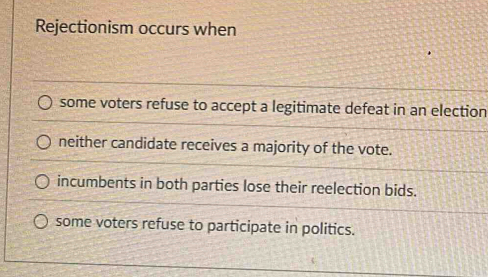 Solved: Rejectionism occurs when some voters refuse to accept a ...