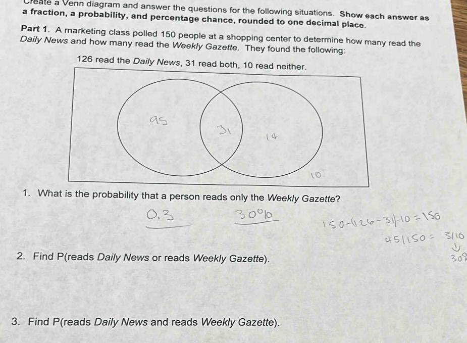 Create a Venn diagram and answer the questions for the following situations. Show each answer as 
a fraction, a probability, and percentage chance, rounded to one decimal place. 
Part 1. A marketing class polled 150 people at a shopping center to determine how many read the 
Daily News and how many read the Weekly Gazette. They found the following:
126 read the Daily News, 31 read both, 10 read 
1. What is the probability that a person reads only the Weekly Gazette? 
2. Find P (reads Daily News or reads Weekly Gazette). 
3. Find P (reads Daily News and reads Weekly Gazette).