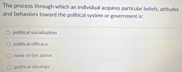 The process through which an individual acquires particular beliefs, attitudes
and behaviors toward the political system or government is:
political socialization
political efficacy
none of the above
political ideology