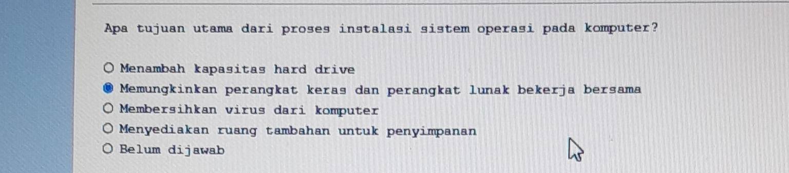 Apa tujuan utama dari proses instalasi sistem operasi pada komputer?
Menambah kapasitas hard drive
Memungkinkan perangkat keras dan perangkat lunak bekerja bersama
Membersihkan virus dari komputer
Menyediakan ruang tambahan untuk penyimpanan
Belum dijawab