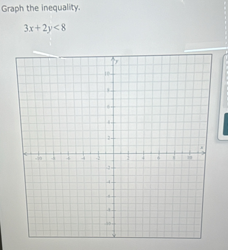 Graph the inequality.
3x+2y<8</tex>