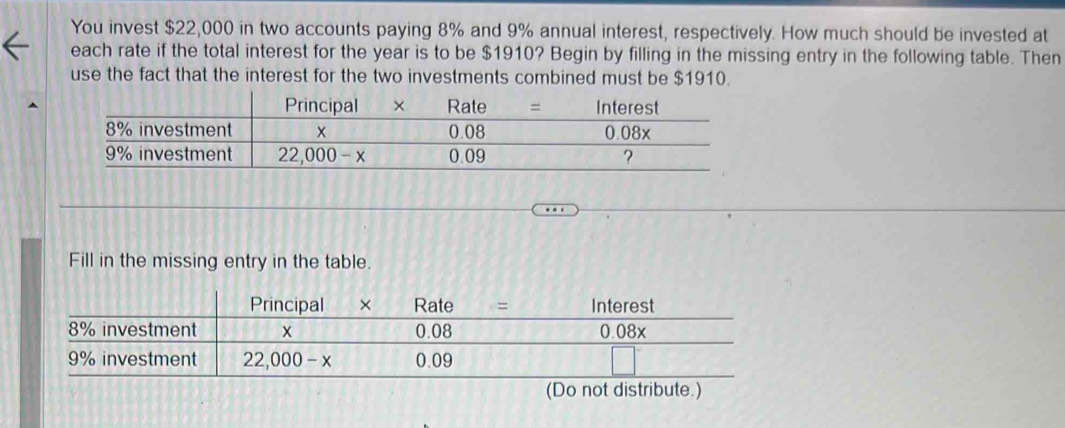 You invest $22,000 in two accounts paying 8% and 9% annual interest, respectively. How much should be invested at
each rate if the total interest for the year is to be $1910? Begin by filling in the missing entry in the following table. Then
use the fact that the interest for the two investments combined must be $1910.
Fill in the missing entry in the table.
(Do not distribute.)