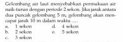 Gelombang air laut menyebabkan permukaan air
naik-turun dengan periode 2 sekon. Jika jarak antara
dua puncak gelombang 5 m, gelombang akan men-
capai jarak 10 m dalam waktu ....
a 1 sekon d. 4 sekon
b. 2 sekon e 5 sekon
c. 3 sekon