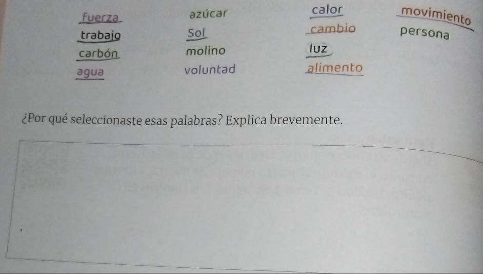 fuerza azúcar calor movimiento 
trabajo Sol cambio persona 
carbón molino luz 
agua voluntad alimento 
¿Por qué seleccionaste esas palabras? Explica brevemente.